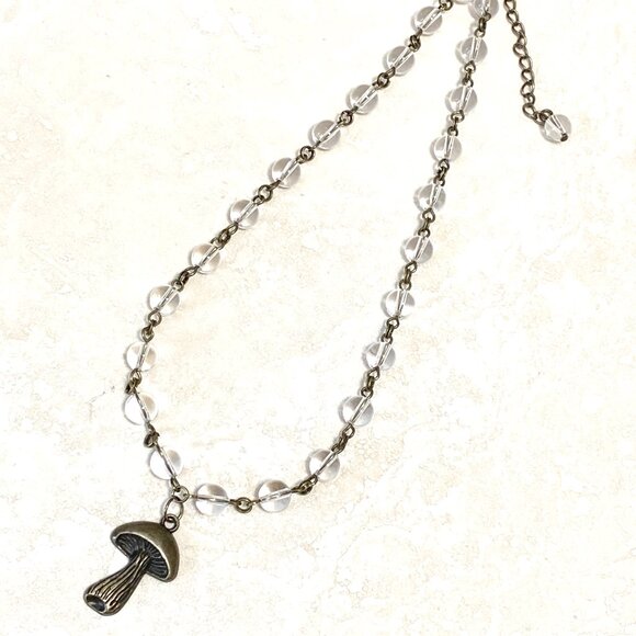 Genuine Clear Quartz Short Necklace, Bronze Slim Mushroom + Natural Gemstone - Picture 13 of 16